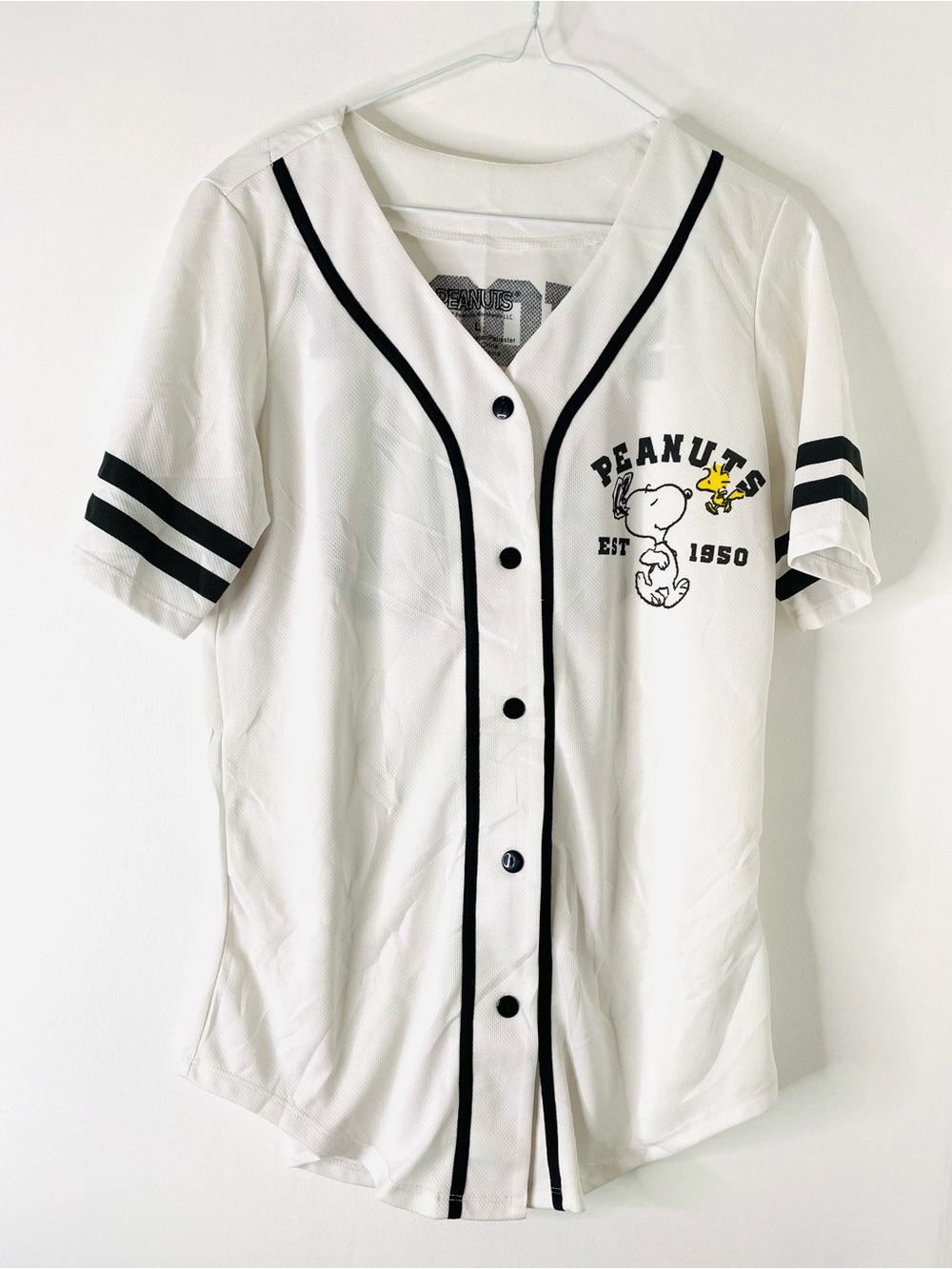 Peanuts Snoopy Baseball Jersey White V Neck Button Front Graphic Top Est 1950